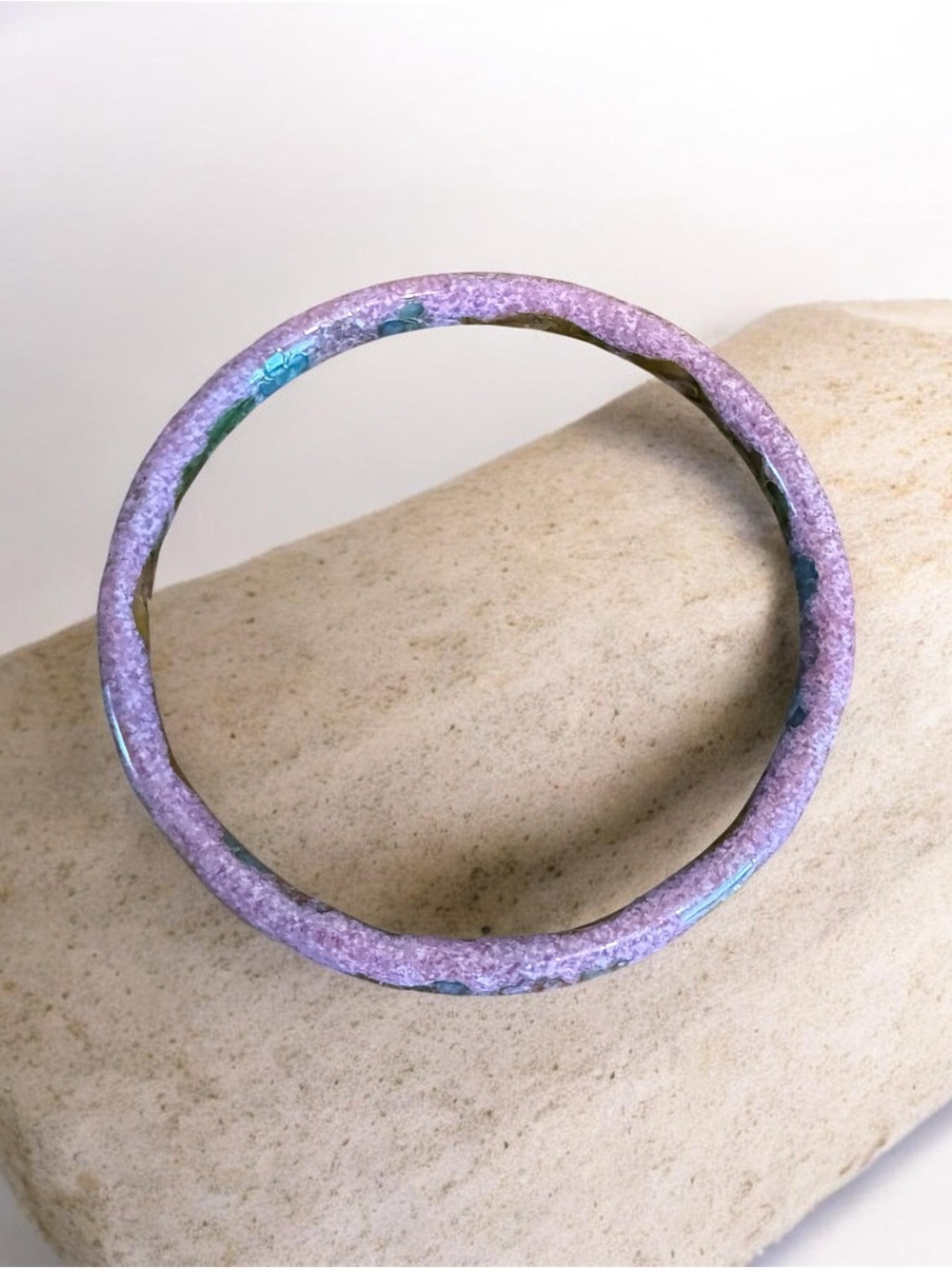 Vintage Chinese Cloisonné Floral Bangle-pink enamel with blue and purple flowers